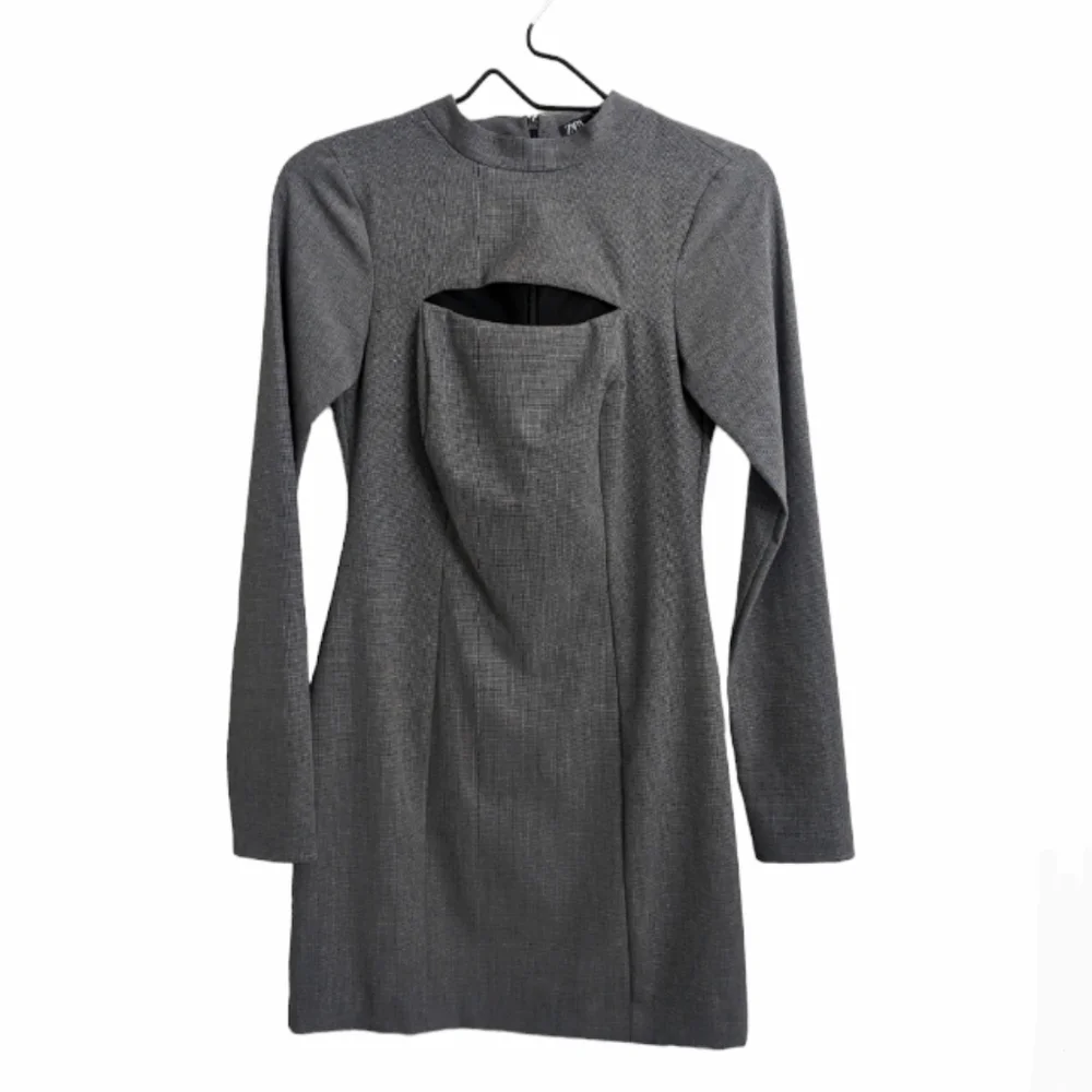 Zara gray front chest cut out Houndstooth sheath mini dress long sleeves size S - Picture 2 of 12